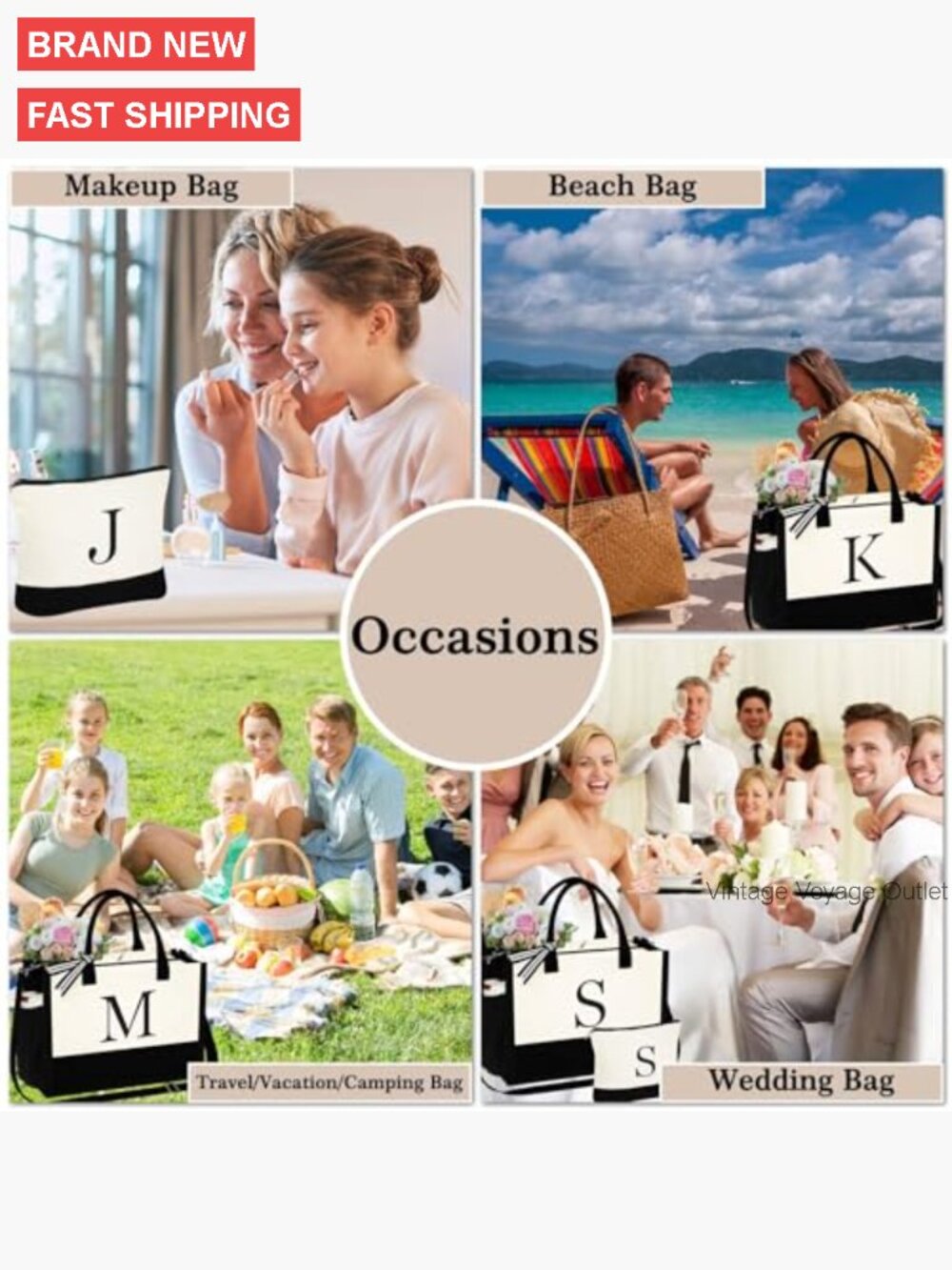Large Canvas Tote Bag with Makeup Pouch, Adjustable Strap, Waterproof Lining - Picture 2 of 7